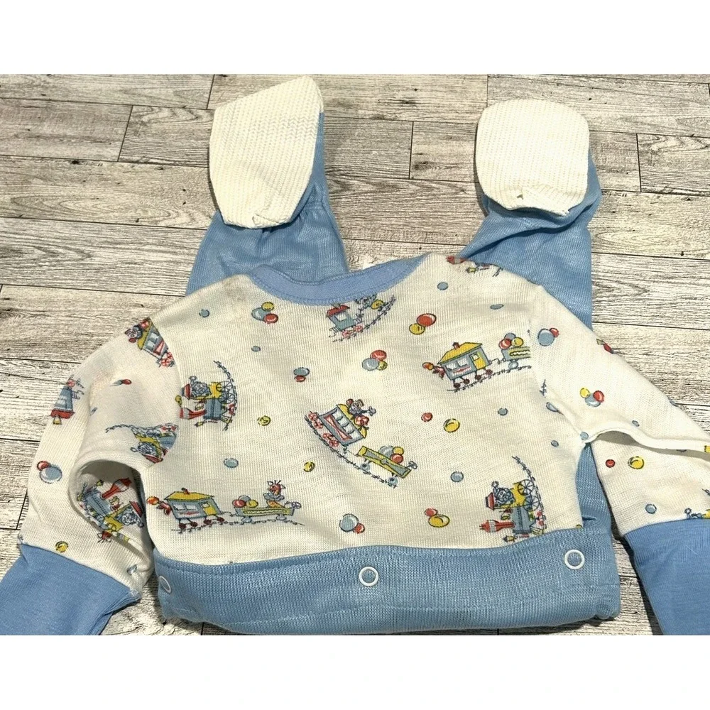 VTG Toddle Time Pajama Set Boys JC Penney Snap Button Sleepwear Blue Train SZ 1